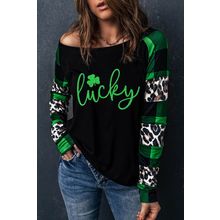 Green Lucky Clover Glitter Pattern Leopard Plaid Splicing Top