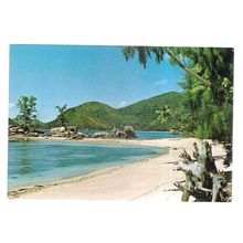 ANSE BOUDIN, PRASLIN ISLAND, SEYCHELLES used postcard. 1987 postmark =