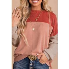 Red Color Block Long Sleeve Ribbed Loose Top