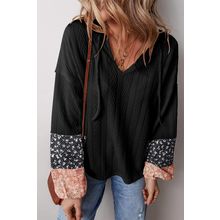 Black Floral Patchwork Textured Knit Drawstring V Neck Blouse