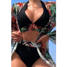 Black 3pcs Tropical Contrast Trim Halter Bikini Set with Cover up
