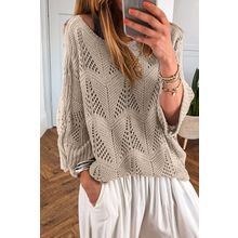 Parchment Hollow Out Knit 7/8 Sleeve Casual Sweater