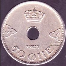 1927 Norway 50 Ore Coin