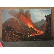 MOUNT VESUVIUS ERUPTING, SORRENTO, ITALY unused antique postcard Hildesheimer =