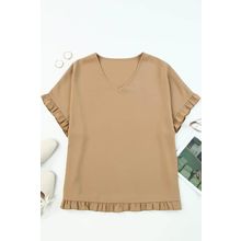 Khaki Ruffle Trim Short Sleeve Oversize Blouse
