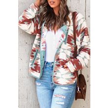 Red Western Aztec Buttoned Zipper Pockets Fleece Jacket