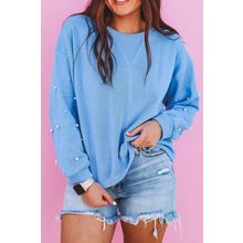 Myosotis Pearled Sleeves Drop Shoulder Round Neck Pullover Sweatshirt