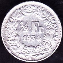 1934 B Switzerland 1 Half Franc Silver Coin