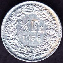 1956 B Switzerland 1 Half Franc Silver Coin