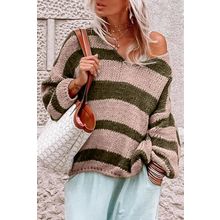 Green Striped Colorblock Knit V Neck Loose Fit Sweater