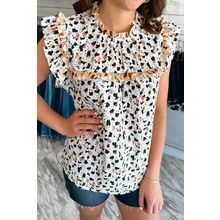 White Frilly Trim Leopard Animal Spots Blouse