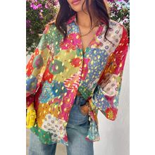 Rose Red Colorblock Abstract Print Button up Loose Shirt