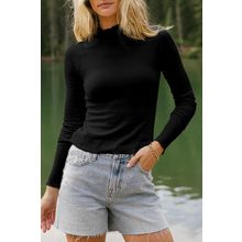 Black Ribbed Knit Lettuce Trim High Neck Long Sleeve Top