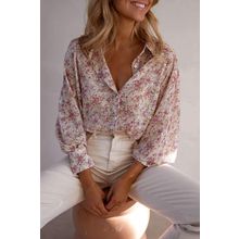 Pink Floral Print Bishop Sleeve Collared V Neck Shirt