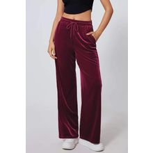 Burgundy Solid Drawstring Waist Wide Leg Pants