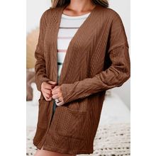 Coffee Solid Textured Open Front Cardigan with Pocket