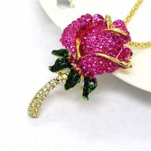 New Fashion Women Pink Crystal Rhinestone Rose Flower Pendant Chain Necklace