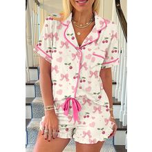Beige Bow Fruit Print Contrast Pipping Short Pajamas Set