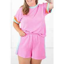 Bonbon Plus Size Color Block Corded Knit Tee and Shorts Set