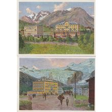 Saas Fee Wallis Schweiz Switzerland Grand Hotel Painting 2x Postcard s
