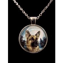 German Shepherd Alsatian Silver Necklace Glass Pendant Gift Idea