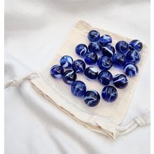 TIDAL WAVE 25 Glass Marbles, Clear Blue with White Swirl, 16mm with Cotton Pouch