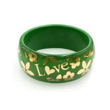 Acrylic Bangle w/ Loves & Flowers Bracelets - Green Color - BR-OB00182GRN