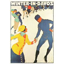 Winter In Davos Ice Skating Dancing in WW1 Swiss Advertising Postcard