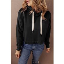 Black Solid Drop Shoulder Drawstring Cropped Hoodie