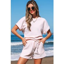 Pink Stripe Knitted Short Sleeve Top and Drawstring Shorts Set