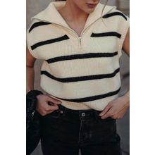 White Stripe Zipped Collar Cap Sleeve Knit Top