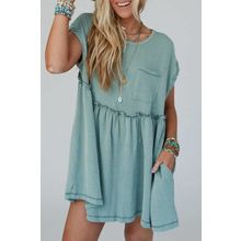 Canton Corded Knit Textured Patched Pocket Frilled Swing Mini Dress with Pockets