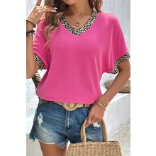 Bright Pink Leopard Patchwork Corded Texture V Neck T Shirt