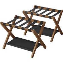 Set of 2 - Sturdy Luggage Rack in Walnut Wood Finish with Lower Storage Shelf