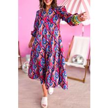 Abstract Geometric Print Long Sleeve High Waist Dress