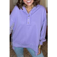 Lilac Sequin Patchwork High Low Hem Henley Sweatshirt