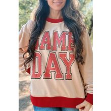 Oatmeal GAME DAY Letter Graphic Varsity Striped Detail Baggy Sweatshirt