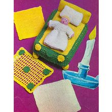 Vintage 5" Doll Bed Set Knitting/Crochet Pattern Cover Bedspread Pillow Nightie