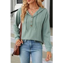 Mint Green Button Front Textured Drawstring Hooded Long Sleeve Top