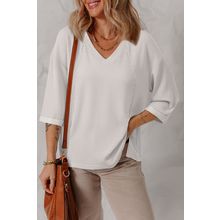 White Solid Color Corded Drop Shoulder 3/4 Sleeve V Neck Top