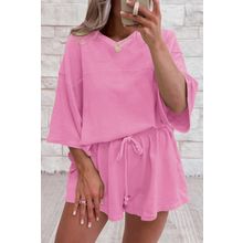 Bonbon Solid Loose V Neck Half Sleeve Tee and Shorts