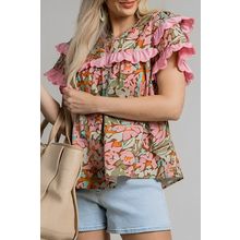 Multicolour Floral Tiered Ruffled Short Sleeve Blouse