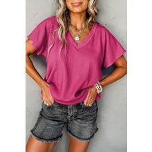 Bright Pink Crinkled V Neck Wide Sleeve T-shirt