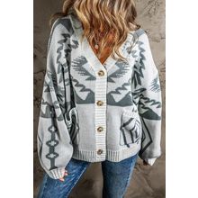 Light Grey Geometric Pattern Ribbed Trim Button-Up Cardigan