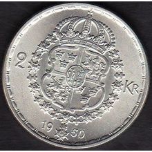 1950 Sweden 2 Kronor Silver Coin