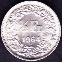 1964 B Switzerland 1 Half Franc Silver Coin