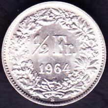 1964 B Switzerland 1 Half Franc Silver Coin