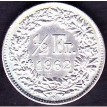 1962 B Switzerland 1 Half Franc Silver Coin