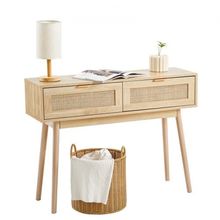 Rattan Console Table with 2 Storage Drawers Rattan Sliding Door Natural, Rat...