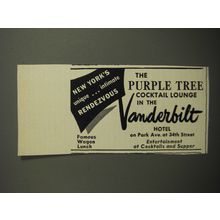 1952 Vanderbilt Hotel Ad - The Purple Tree Cocktail lounge in the Vanderbilt